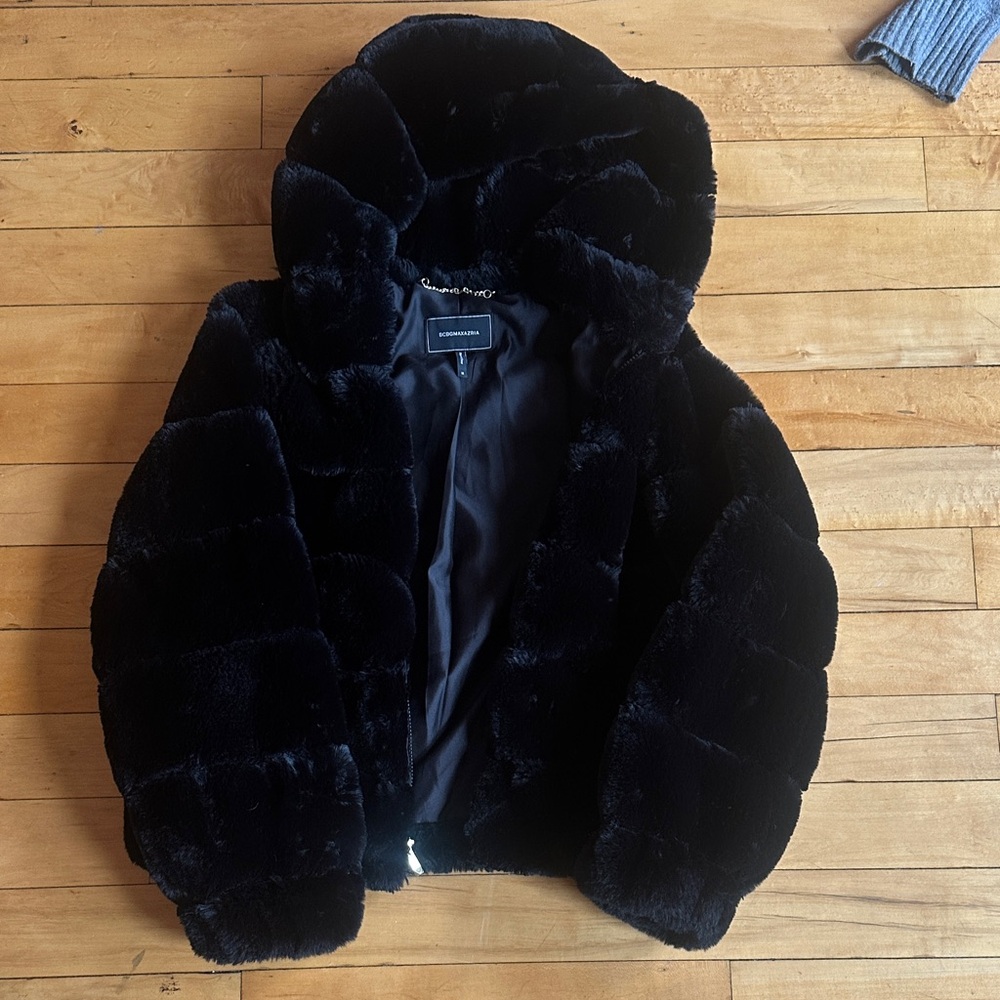 BCBG Black Faux Fur Hooded Jacket